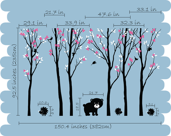 Tall Birch Trees decal set with Birds Hedgehogs and Bear - Vinyl Wall sticker Decor