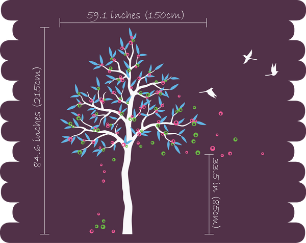 Black Tree with leaves, fruit, birds Nursery Wall Decal Vinyl Art Décor