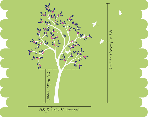 Large Black Tree with leaves, fruit & birds Nursery Wall Decal Décor