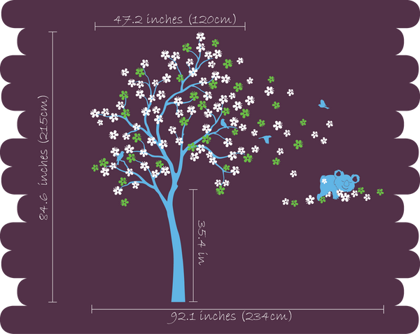 Blossoms Brown Tree with birds & bear Nursery Wall Decal Décor