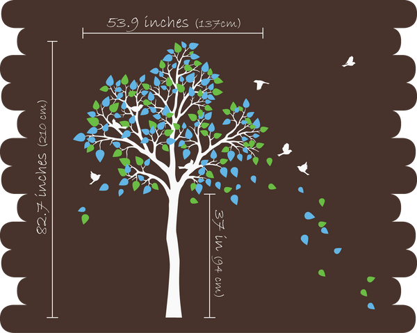 Brown Tree Birds & pink, green leaves Wall Sticker Vinyl Art Decal Décor