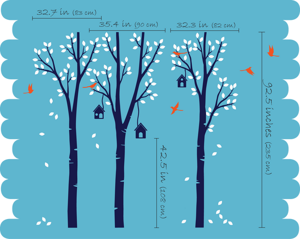 Large Burgundy Birch Trees Birds & Birdcages Wall Sticker Vinyl Art Decal Décor