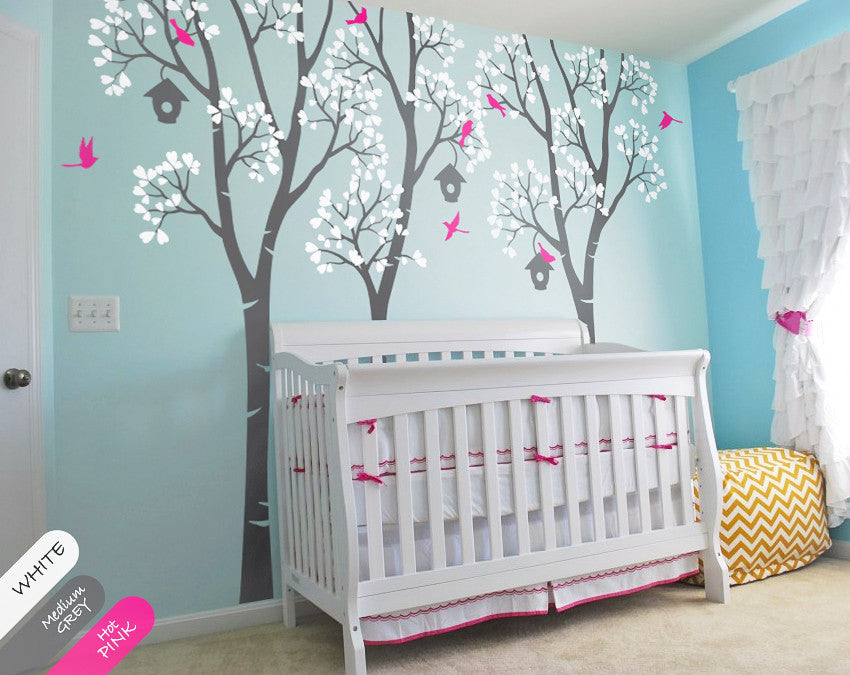 Birch Trees with Birds & Birdhouses Nursery Wall Sticker