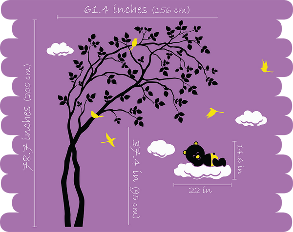 Black Trees Birds, Leaves & Bear Nursery Wall Decal Art Décor