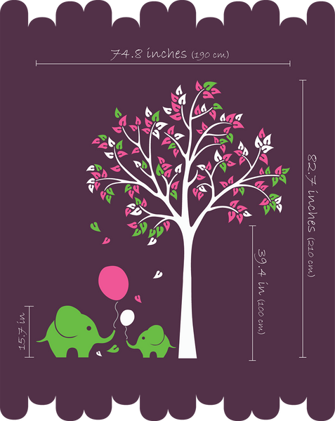 Brown Tree with Leaves, Balloons & Elephants Wall Sticker Vinyl Decal Décor
