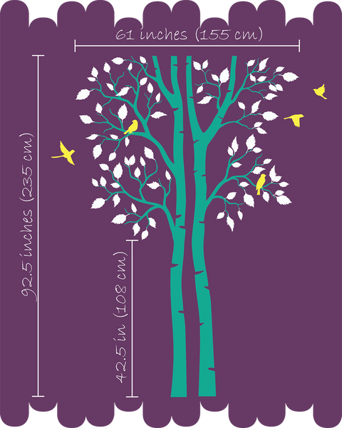 Large Black Birch Trees with Leaves & Birds Nursery Wall Sticker Vinyl Decal Décor
