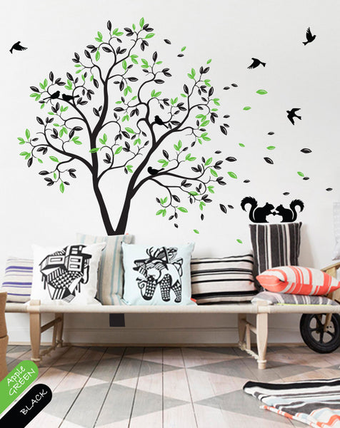 Black Tree Branches with Leaves, Fruits & Birds Wall Sticker