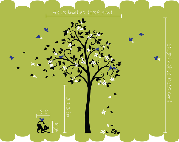 Large White Tree with Blossoms, Leaves, Cat & Birds Wall Decal Art Décor