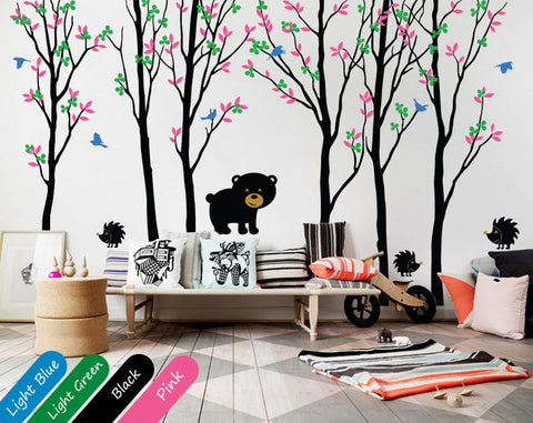 Tall Birch Trees decal set with Birds Hedgehogs and Bear - Vinyl Wall sticker Decor