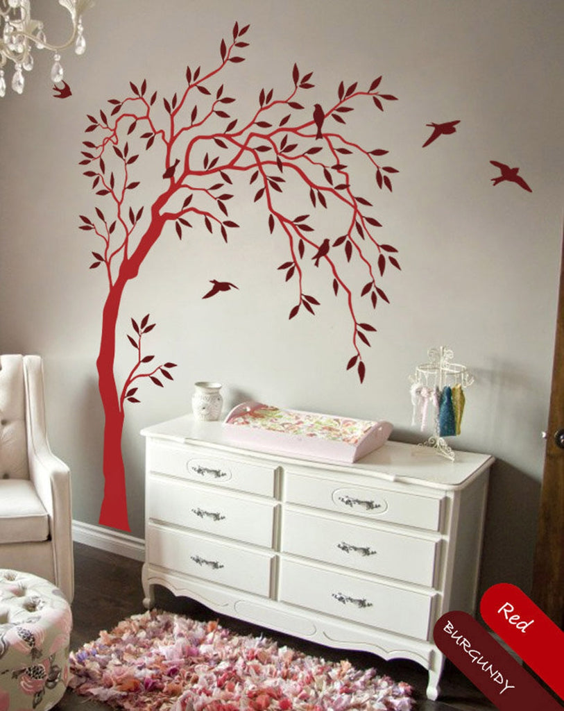 Long Tree with Branches, Leaves & Birds Wall Sticker Vinyl Decal Art Décor