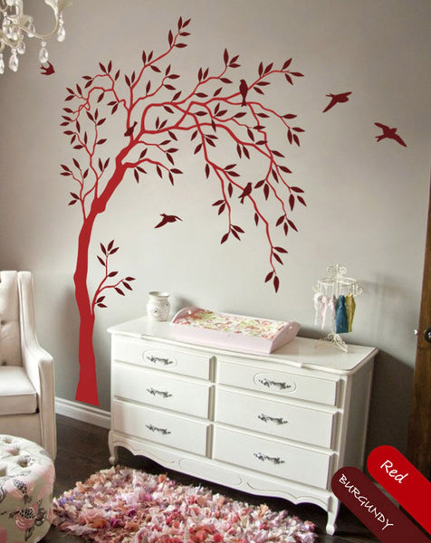 Long Tree with Branches, Leaves & Birds Wall Sticker Vinyl Decal Art Décor