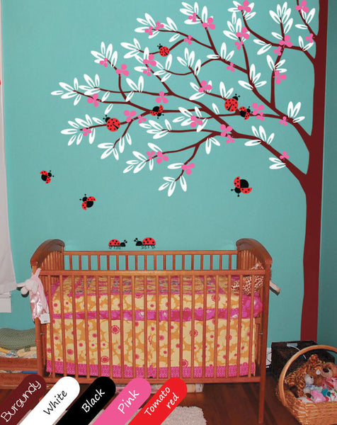 Burgundy Tree Pink Blossom Lady Bug Wall Sticker