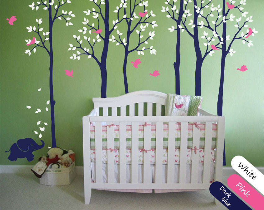 Dark Blue Trees Birds Nursery Wall Sticker