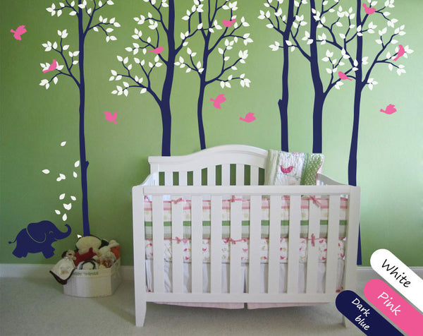 Dark Blue Trees Birds Nursery Wall Sticker