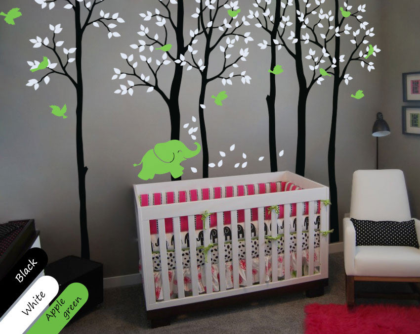 Black Trees Birds & baby elephant Nursery Wall Sticker