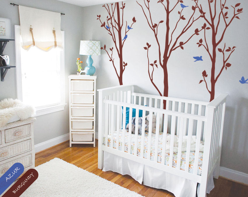 Large Burgundy Tree Birds Wall Sticker