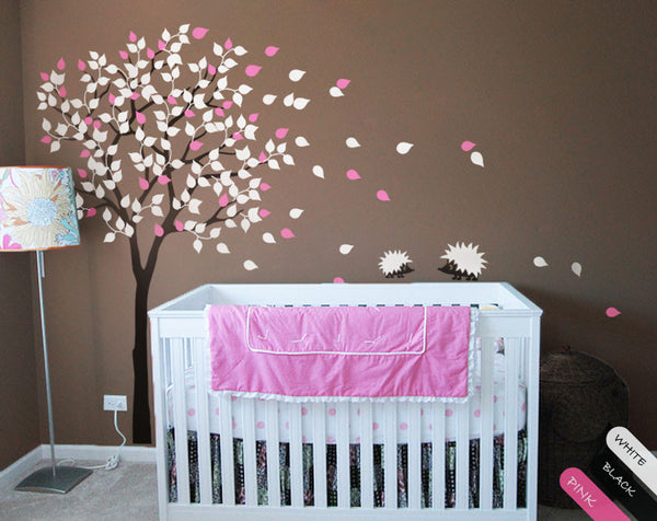 Black Tree Leaves & Hedgehog Nursery Wall Decal