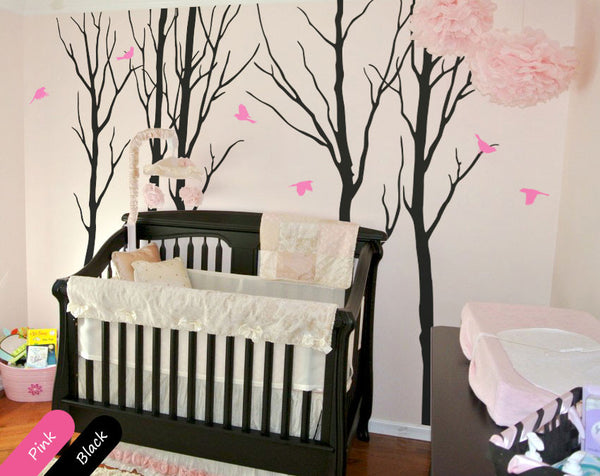 Large Black Trees Birds Nursery Wall Sticker