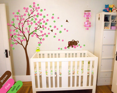 Blossoms Brown Tree with birds & bear Wall Sticker