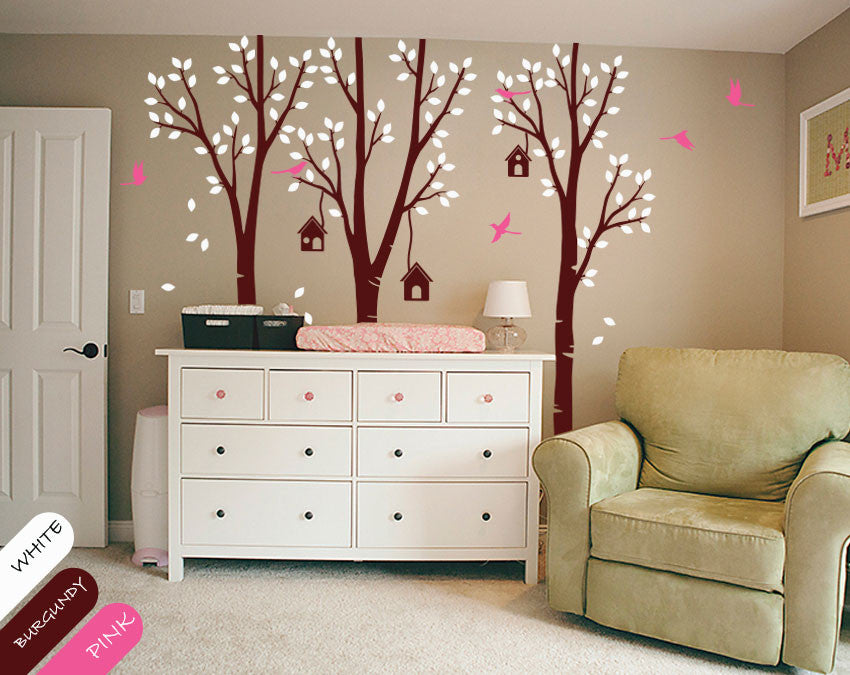 Large Burgundy Birch Trees Birds & Birdcages Wall Sticker