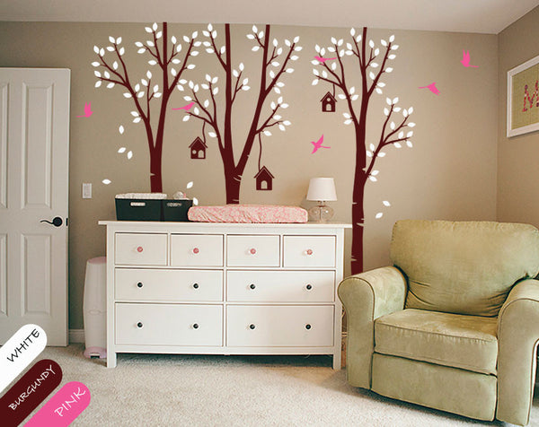Large Burgundy Birch Trees Birds & Birdcages Wall Sticker