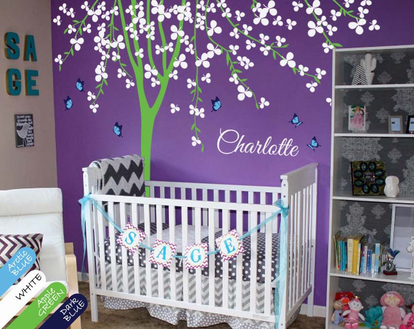 Large Blossoms Tree Butterflies Nursery Wall Sticker
