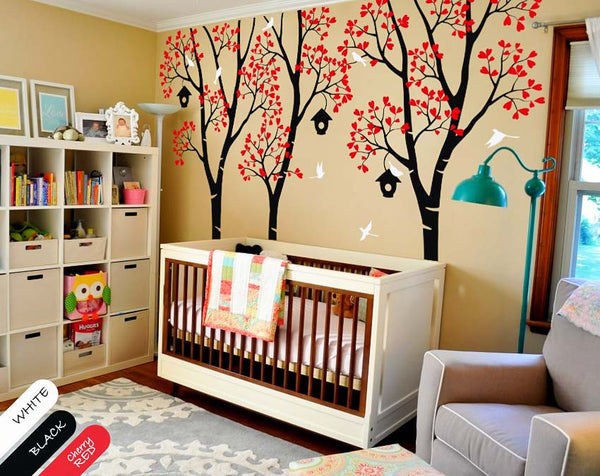 Birch Trees with Birds & Birdhouses Wall Sticker