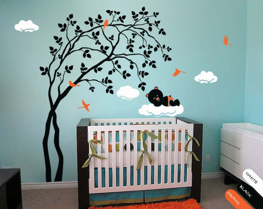 Black Trees Birds, Leaves & Bear Nursery Wall Sticker