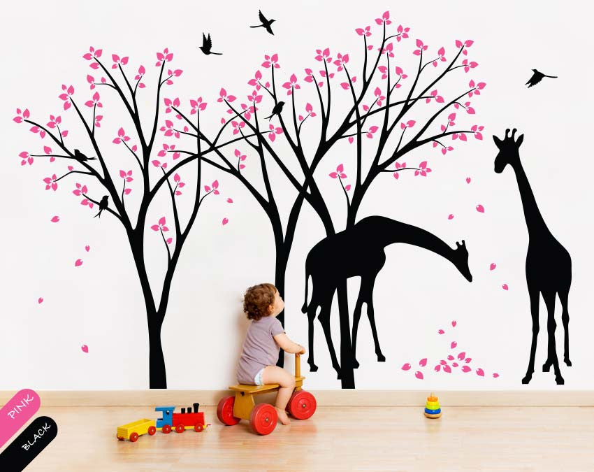 Black Trees with Leaves, Birds & Giraffe Nursery Wall Sticker Vinyl Decal Décor