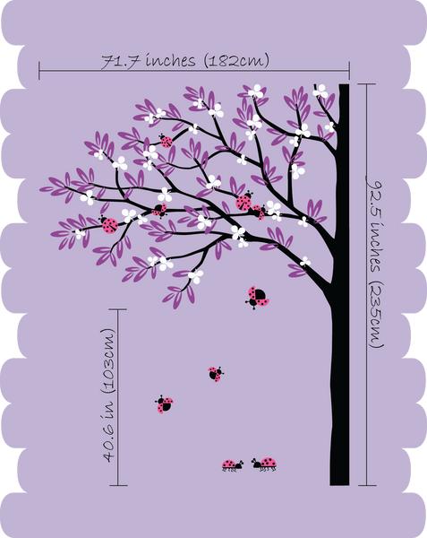 Burgundy Tree Pink Blossom Lady Bug Wall Sticker Nursery Vinyl Decal Decor