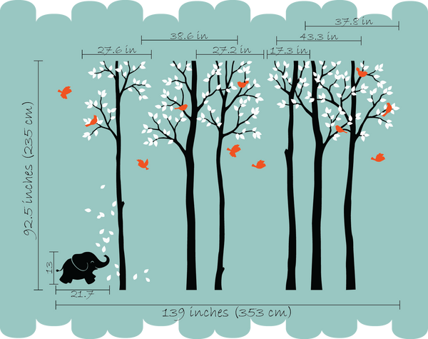 Large Black Trees Birds & baby elephant Nursery Wall Sticker Vinyl Decal