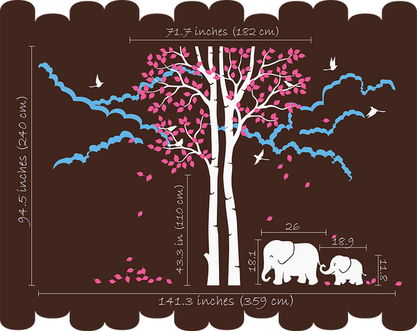 Large Brown Trees with Birds & Elephants Nursery Wall Sticker Vinyl Decal Art Decor