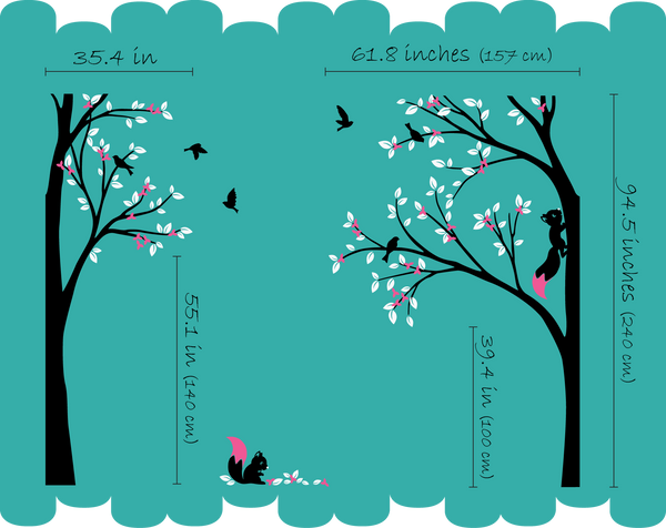 Corner Trees Blossoms & Leaves with Squirrels & Birds Wall Decal