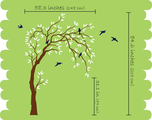 Long Tree with Branches, Leaves & Birds Wall Sticker Vinyl Decal Art Décor