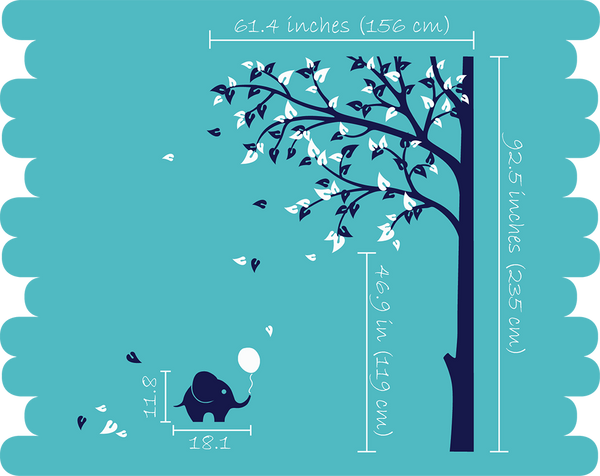 Large Corner Tree Wall Sticker with Leaves & Elephants Cute Vinyl Wall Decal Décor