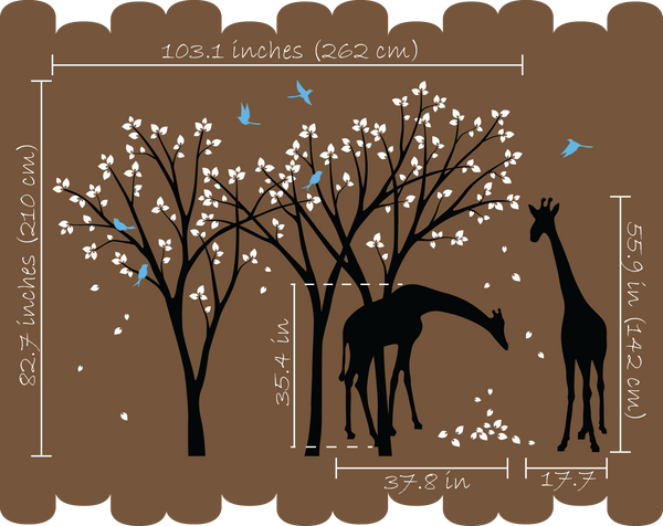 Black Trees with Leaves, Birds & Giraffe Nursery Wall Sticker Vinyl Decal Décor