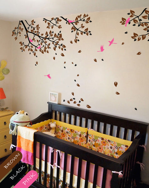  Tree Branches with brown leaves & Birds Nursery Wall Decal Décor