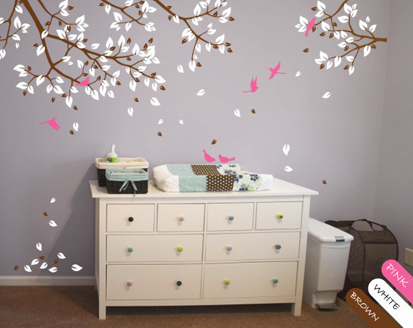 Brown Tree Branches with leaves & Birds Wall Sticker Vinyl Decal Décor