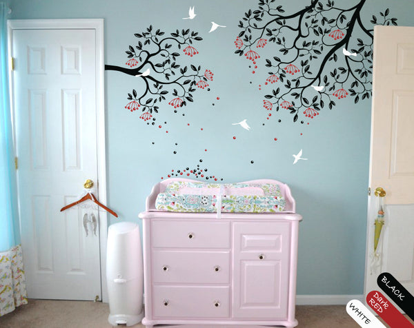Black Tree Branches with Leaves, Fruits & Birds Wall Sticker
