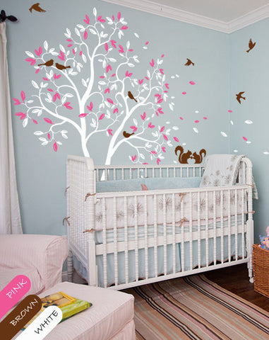 White Large Tree with leaves, birds, Squirrels Nursery Wall Sticker