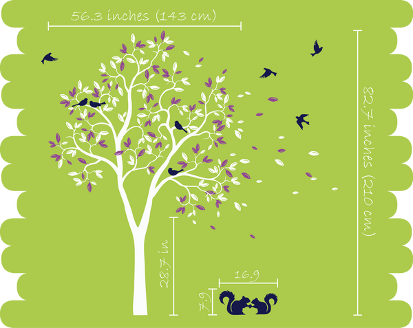 White Large Tree with leaves, birds, Squirrels Nursery Wall Decal Décor