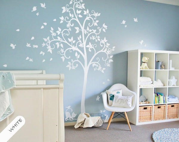 White Tree with Blossoms, Leaves, Cat & Birds Wall Sticker