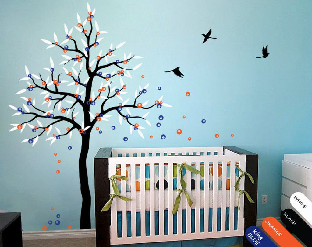 Black Tree with leaves, fruit, birds Nursery Wall Decal Vinyl Art Décor
