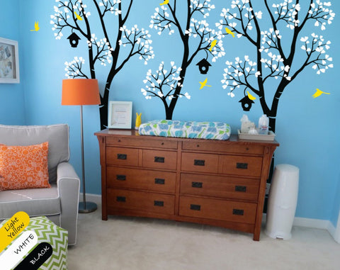 Black Birch Trees with White Leaves, Birds & Birdhouses Wall Decal Décor