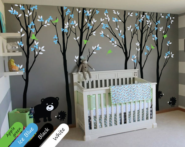 Black Tree Blossom Animals Wall Stickers Vinyl Decal Nursery Baby Kids Decor