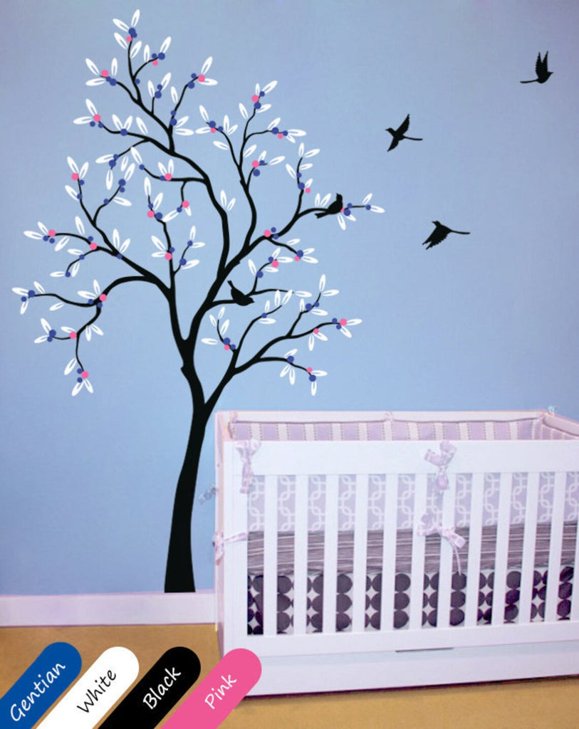 Large Black Tree with leaves, fruit & birds Nursery Wall Decal Décor