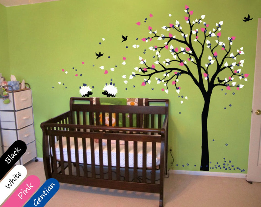 Black Tree with birds, fruit &Hedgehogs Nursery Wall Decal Decor