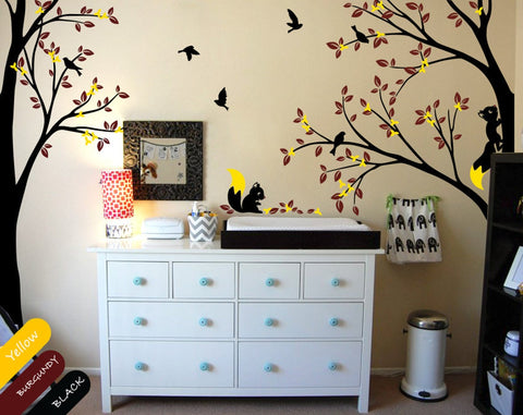 Corner Trees Blossoms & Leaves with Squirrels & Birds Wall Decal