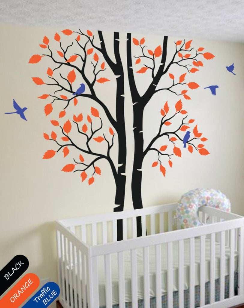 Large Black Birch Trees with Leaves & Birds Nursery Wall Sticker Vinyl Decal Décor