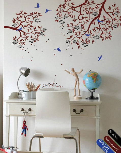 Burgundy Tree Branches with Leaves, Fruits & Birds Wall Sticker Vinyl Decal Décor